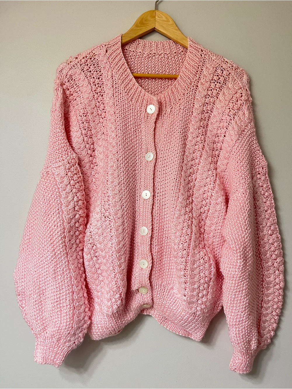 Pink Chunky Hand Knit Button-Front Granny Sweater Large
